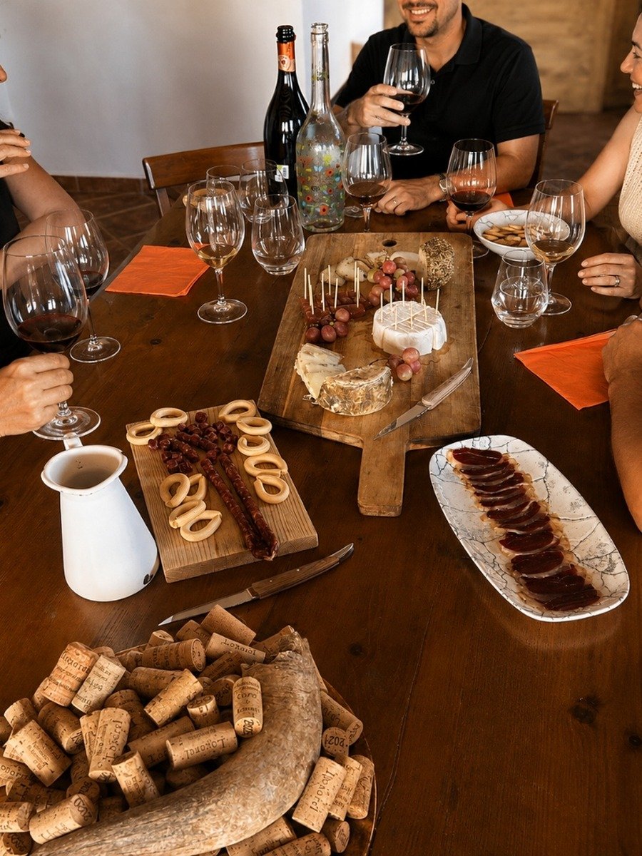 Amics gaudint de tast de vins, formatges artesans i embotits