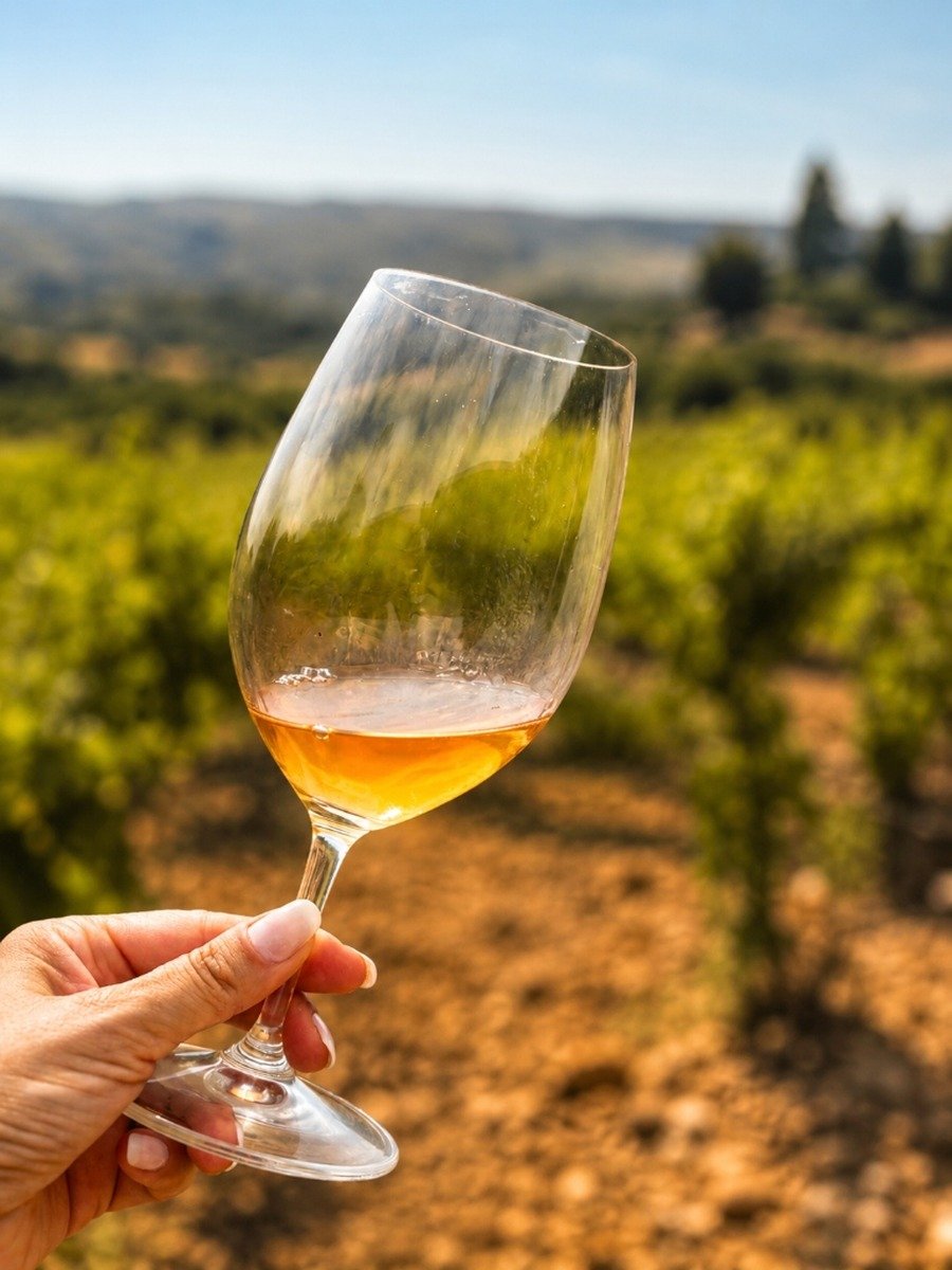 Copa de vi daurat alçada a la vinya amb sol